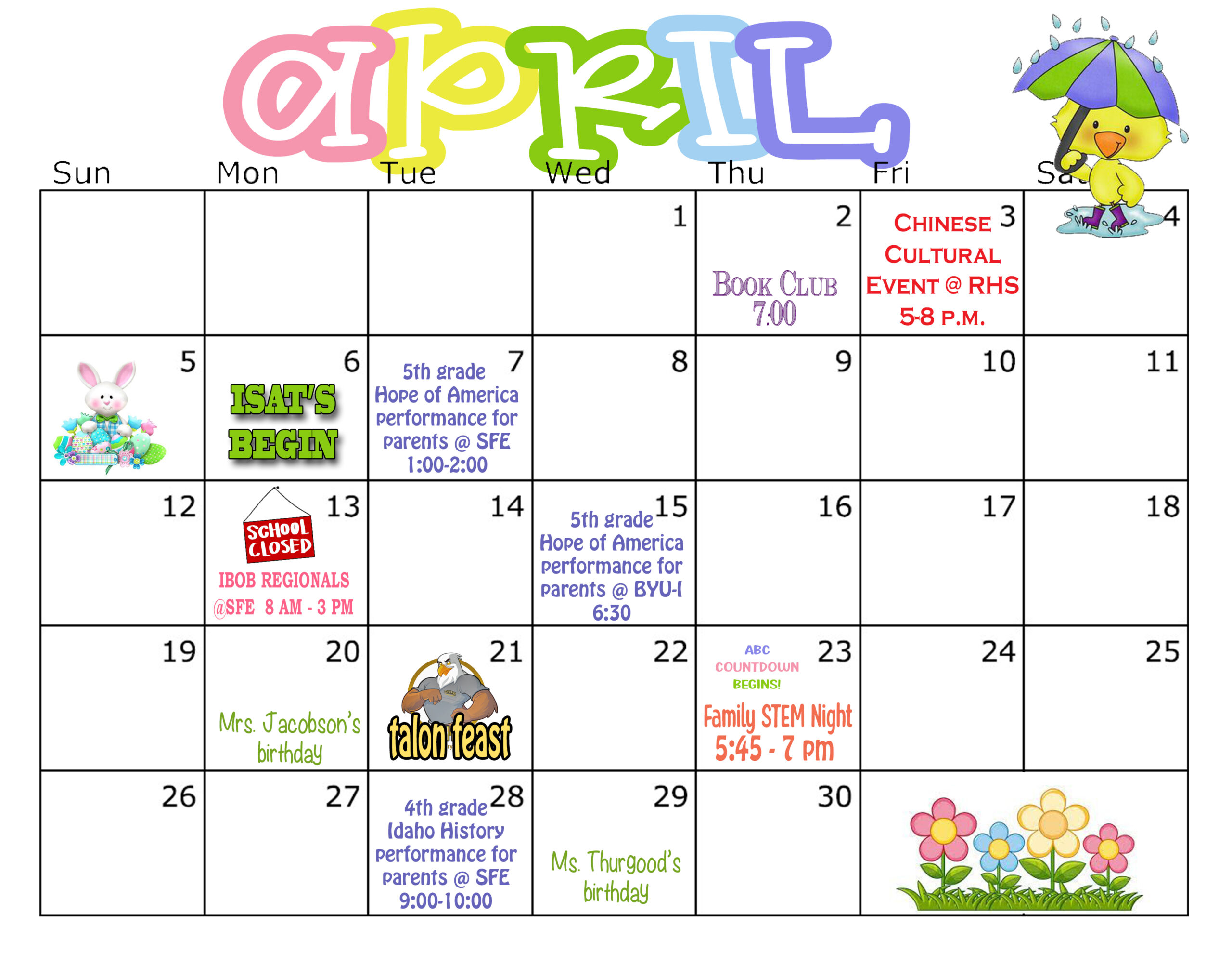 Calendar of events for April 